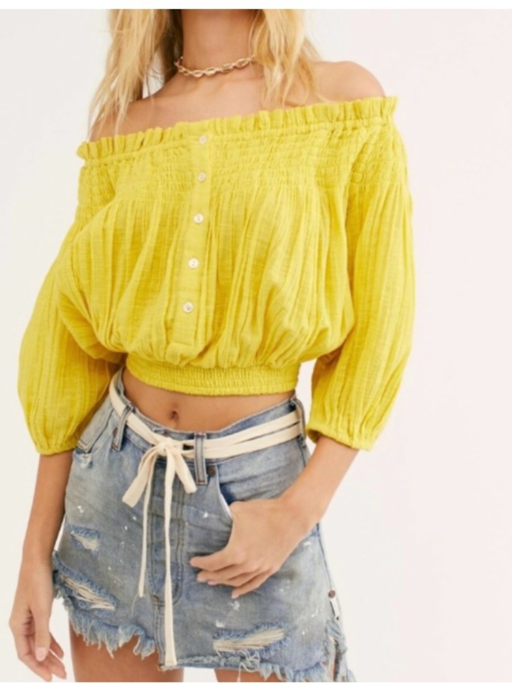 Free People Sunny Yellow Off-the-Shoulder Smocked Crop Top